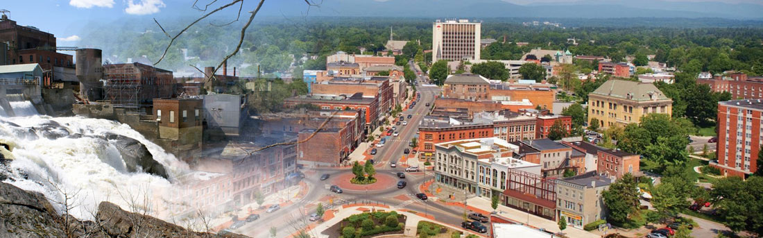 arial view of downtown Glens Falls, NY as well as the falls