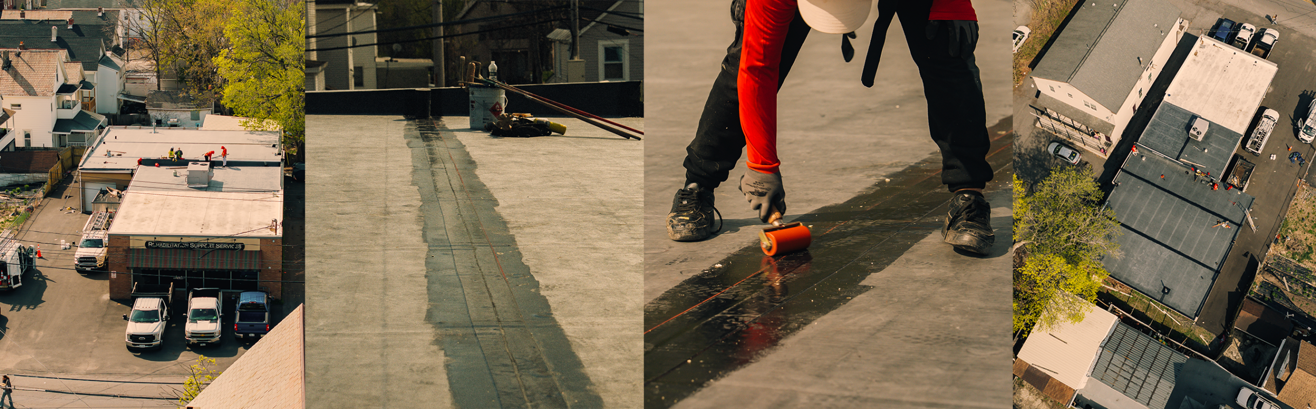 Commercial roofing installation on a flat business building